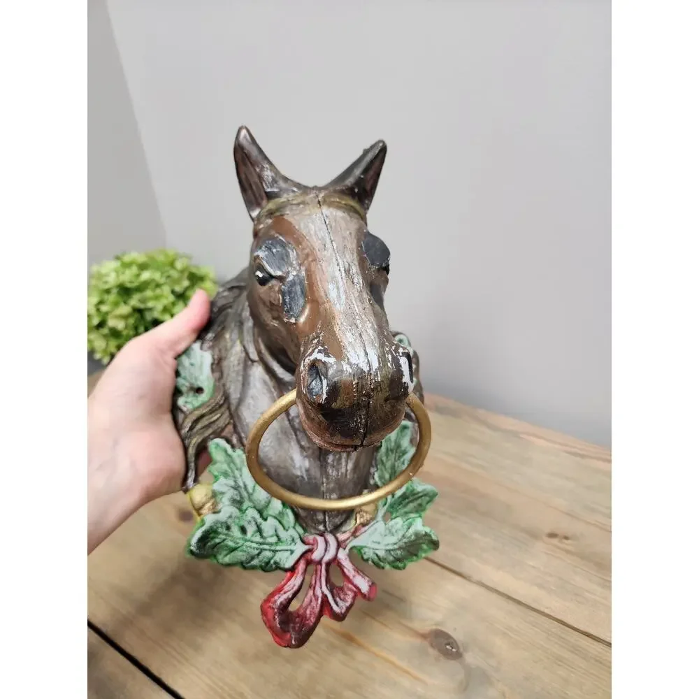 Vintage Large Cast Iron Horse Head Hand Painted Door Knocker or Tie Ring - 11